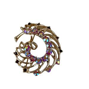 Vintage Gold Swirl Brooch AB Rhinestones Round Aurora Borealis Pin 1.75"